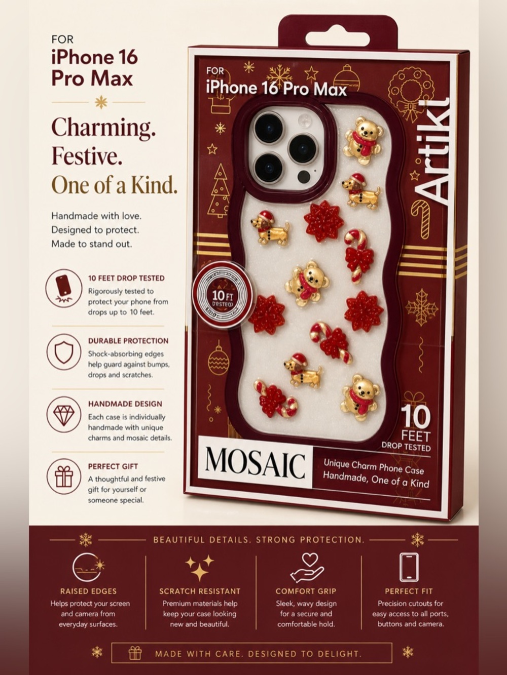 Artiki Mosaic Charm Case for iPhone 16 Pro Max - Red and Gold